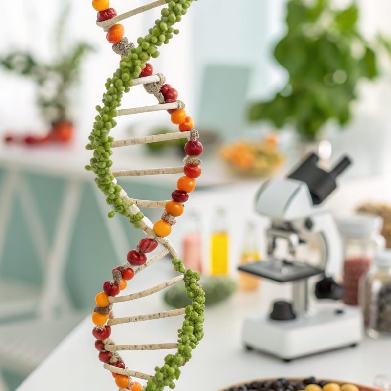 A creative representation of DNA is constructed using fresh fruits and vegetables, featuring vibrant colors. The model stands prominently on a table in a well-lit laboratory, surrounded by various scientific equipment.