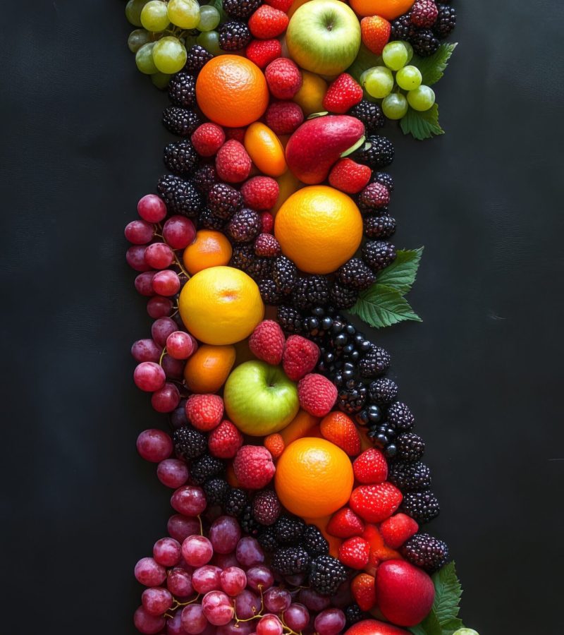 Colorful fruits and berries meticulously placed to form a double helix, symbolizing the DNA structure, representing the innovative field of nutrigenomics
