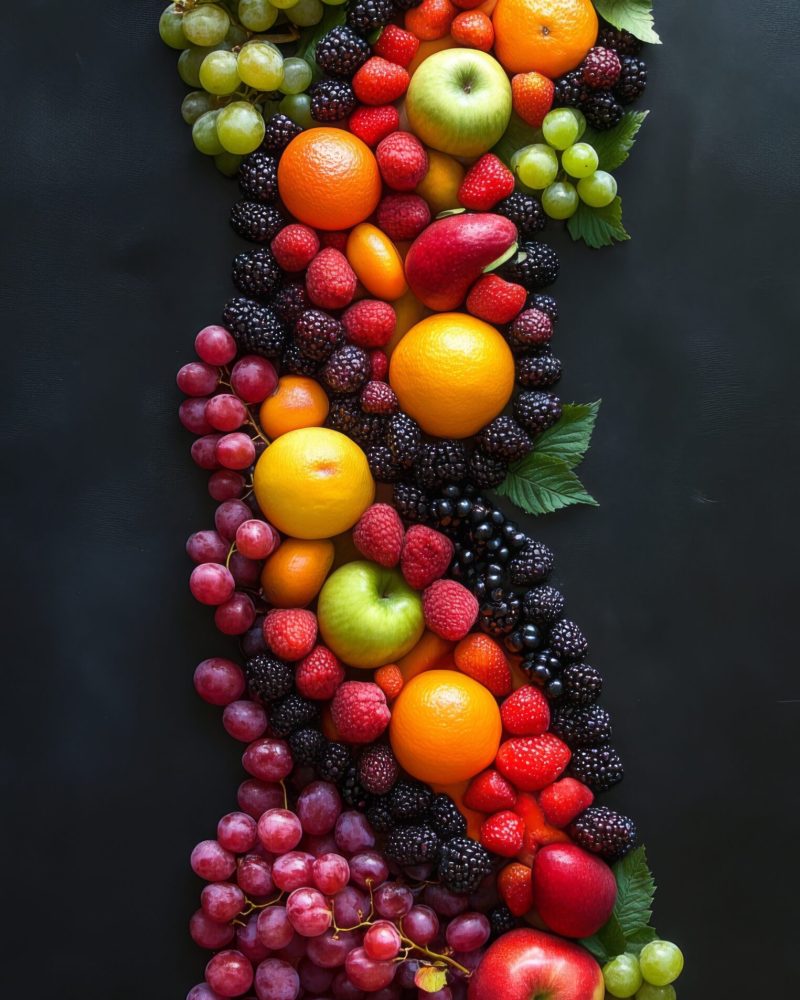 Colorful fruits and berries meticulously placed to form a double helix, symbolizing the DNA structure, representing the innovative field of nutrigenomics